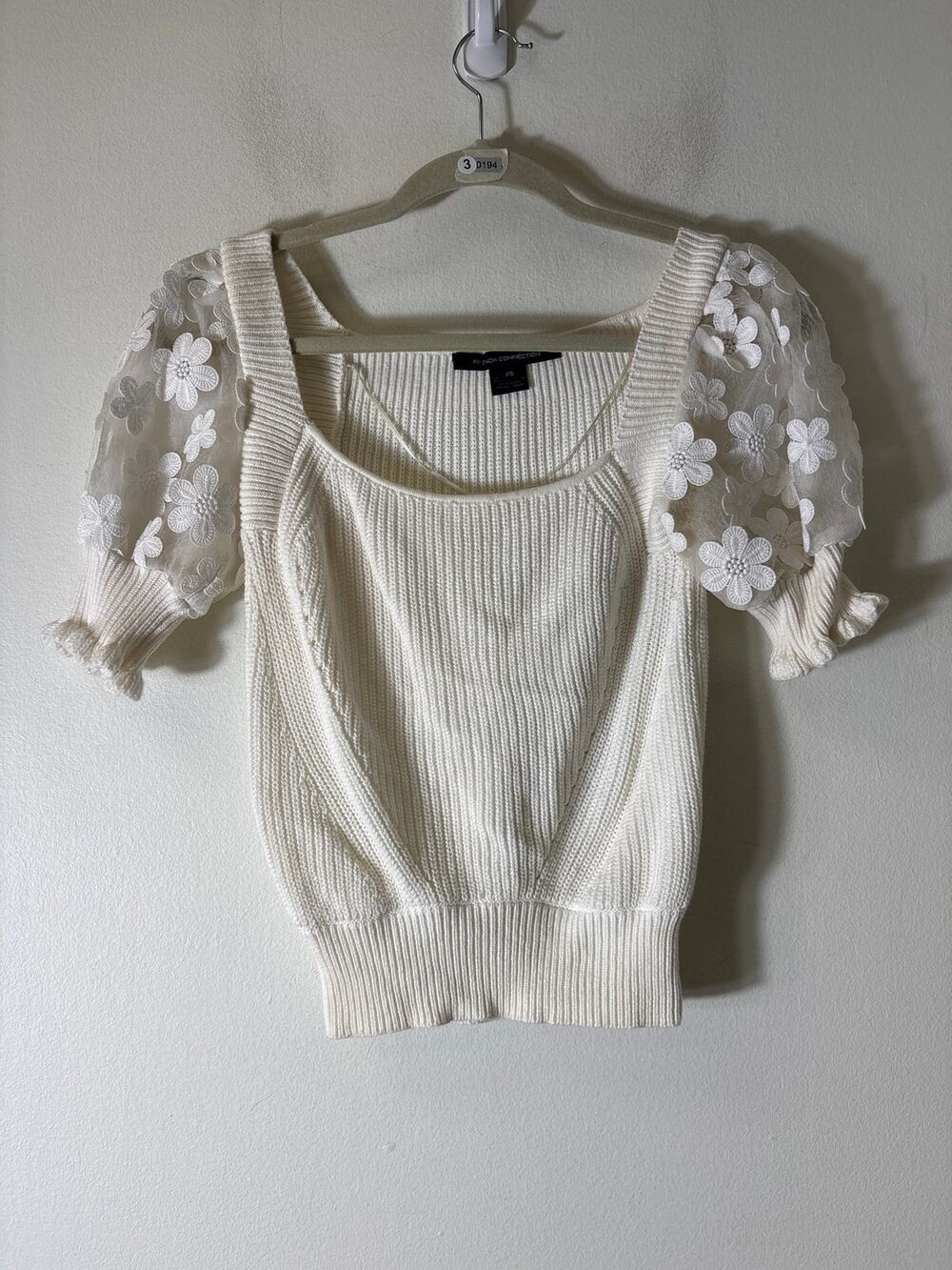 French Connection Off White Mixed Media Short Sleeve Knit Sweater Sz XS